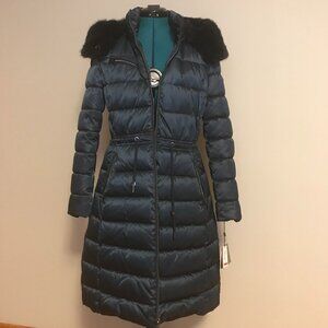 NWT Laundry by Shelli Segal Women's Puffer Coat w/Faux Fur Trim Hood, Medium